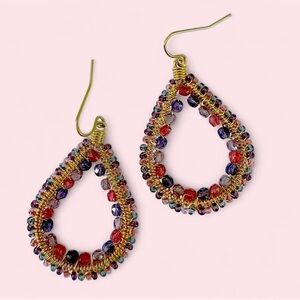 Handmade Multicolor Beaded Wire Wrap Gold Teardrop Earrings